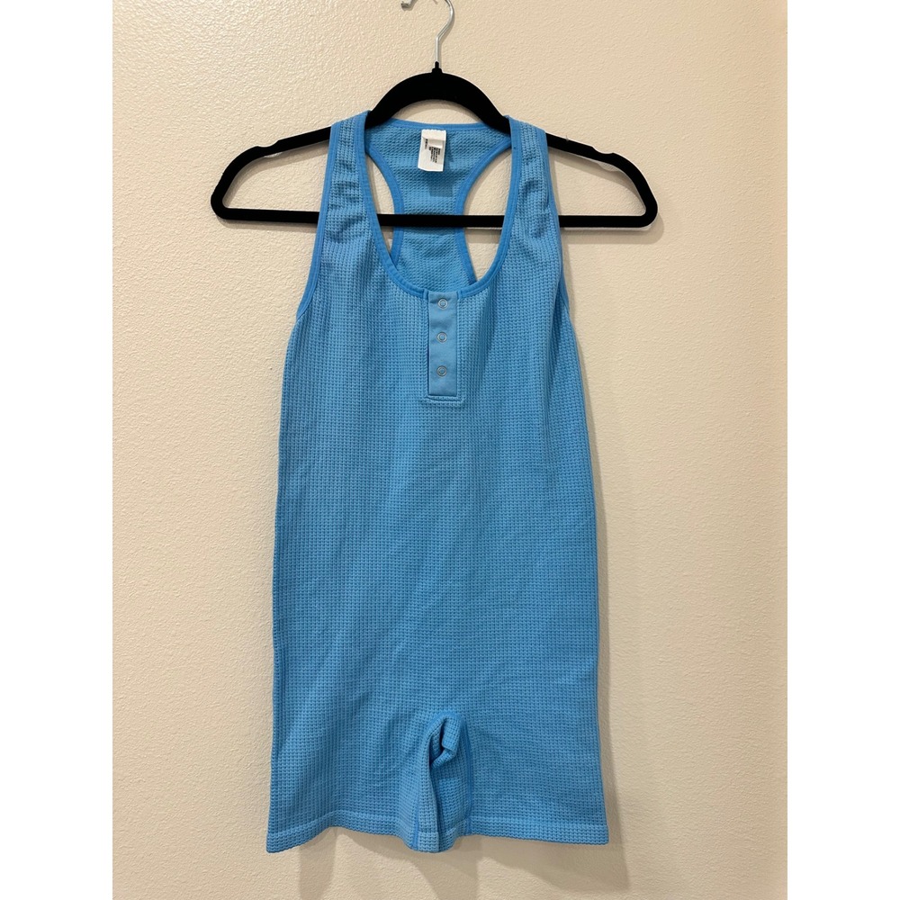 Colsie Womens Blue Waffle Knit Henley Racerback Romper Loungewear Size Medium